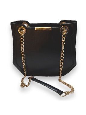Melie Bianco Geometric Vegan Leather Black Shoulder Bag with gold chains